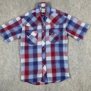 Rustler by Wrangler Shirt Mens Medium Red Blue White Plaid Western Pearl Snap